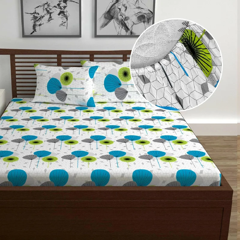Thermal - Regulating Bamboo Sheets for All - Season ComfortBlue Floral Elastic Fitted Double Bed Bedsheet
