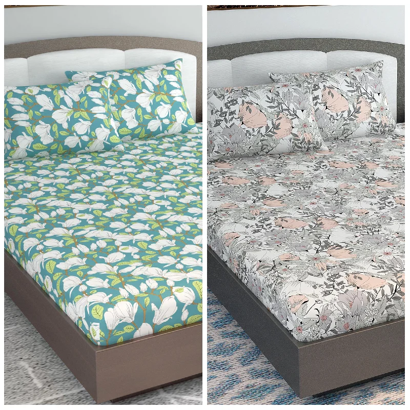 Sheet Sets with Multiple Pillowcase OptionsGreen and Grey Floral Set of 2 Combo Bedsheet for King Size Bed